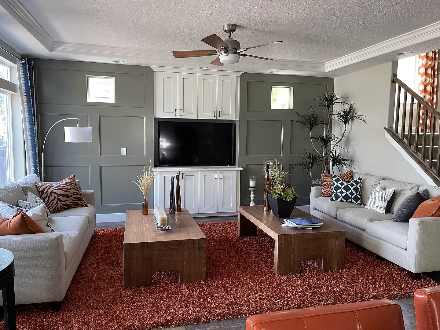 Utah Basement Finishing- family room with custom shiplap on the walls